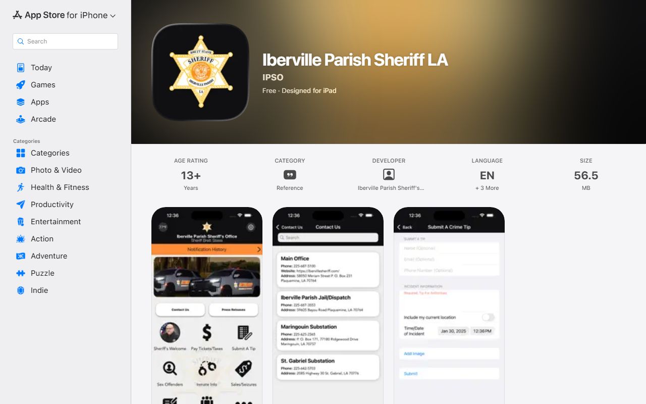 Iberville Parish inmate records Sheriff iOS app listing